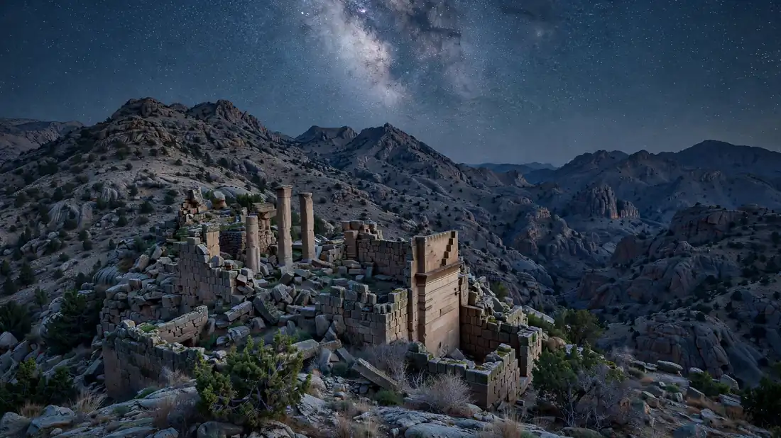 Ancient stone temple ruins in the Taif mountains under a starry night sky