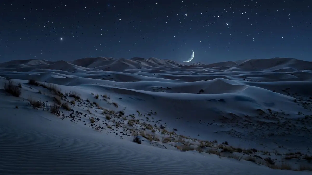 A crescent moon rising over rolling Arabian desert dunes at night, stars in the sky