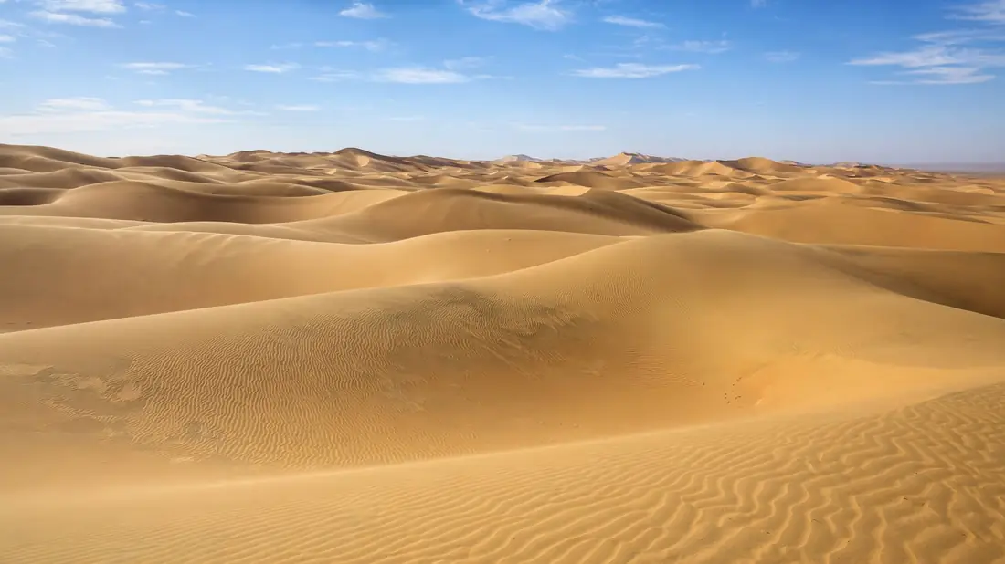Vast golden sand dunes of the Arabian desert under a bright sky