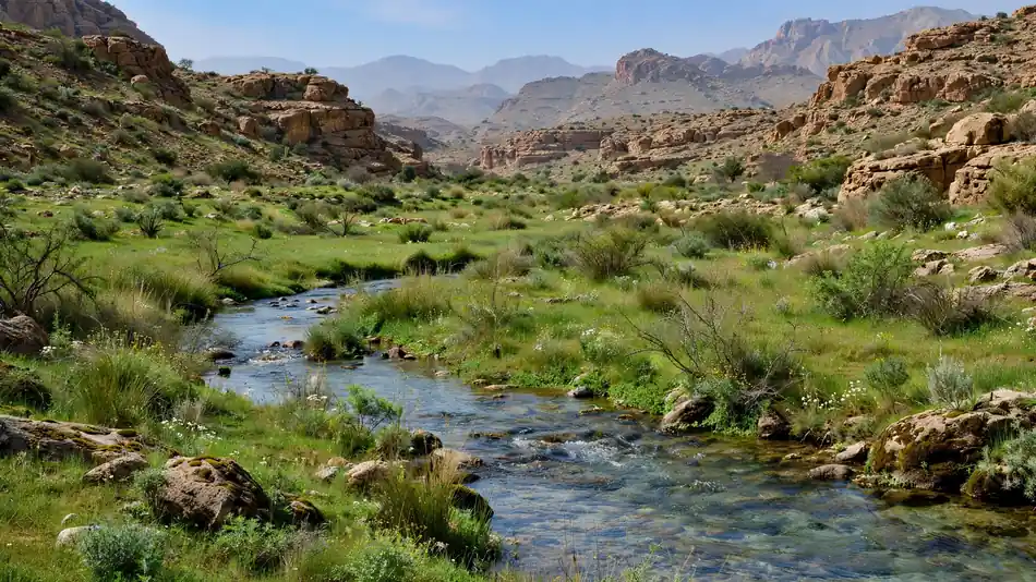 Green meadows and a clear stream in a rocky Arabian wadi