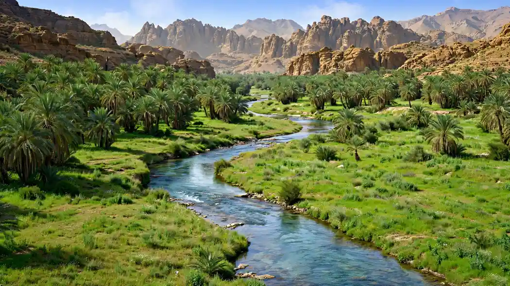 A lush green Arabian valley with a winding river flowing between palm groves