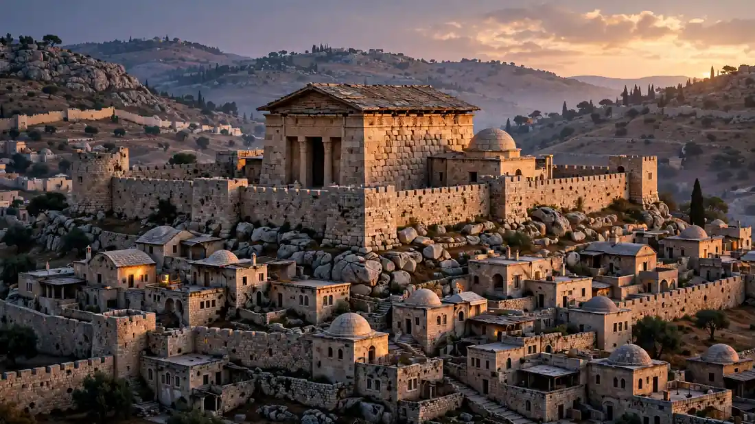 Ancient stone architecture of old Jerusalem at dusk, the city where the Ark once rested in Solomon's Temple