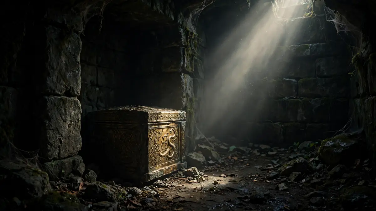 An ancient golden chest half-hidden in shadow inside a dark stone chamber, a single shaft of light falling across it
