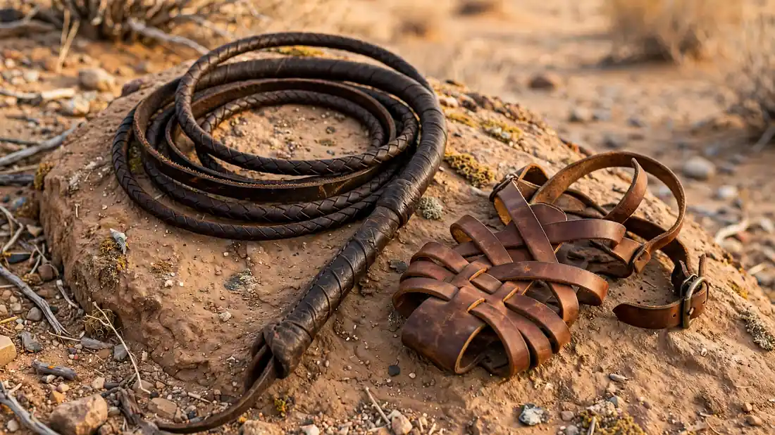 A coiled leather whip and sandal straps resting on a desert rock