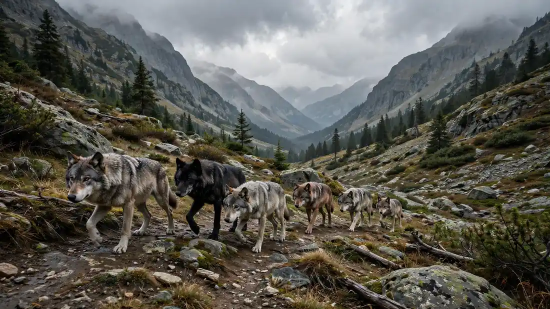 A pack of wolves in a mountain valley under a cloudy sky