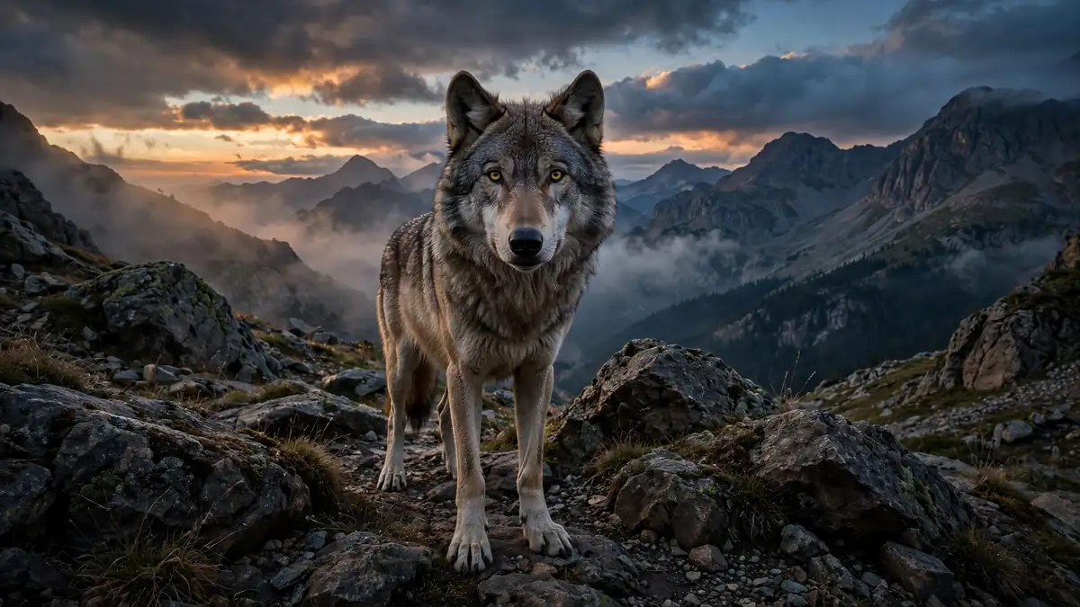 A wolf standing on rocky ground at dusk, looking toward the viewer