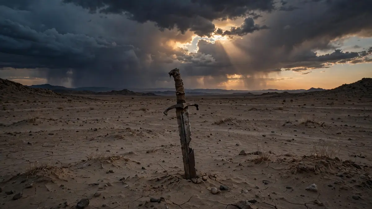 A single broken sword planted in desert sand under storm clouds at dusk