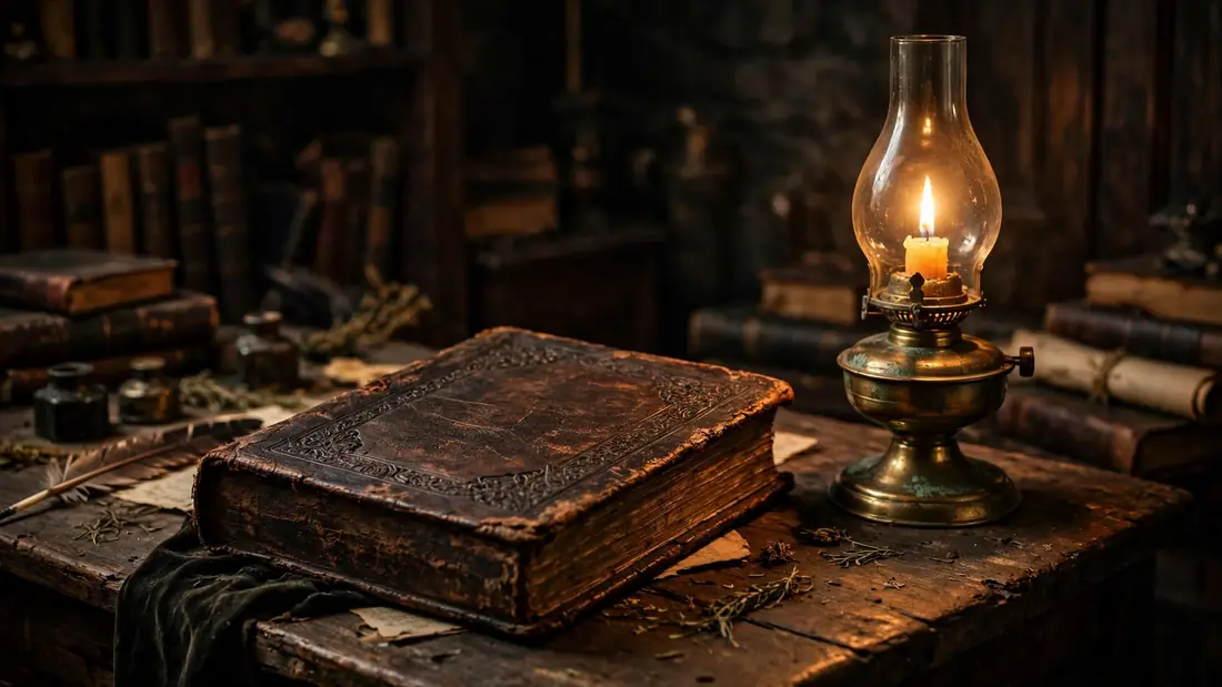 An aged leather-bound chronicle resting on a wooden desk beside an oil lamp, symbol of the recorded stages of rule