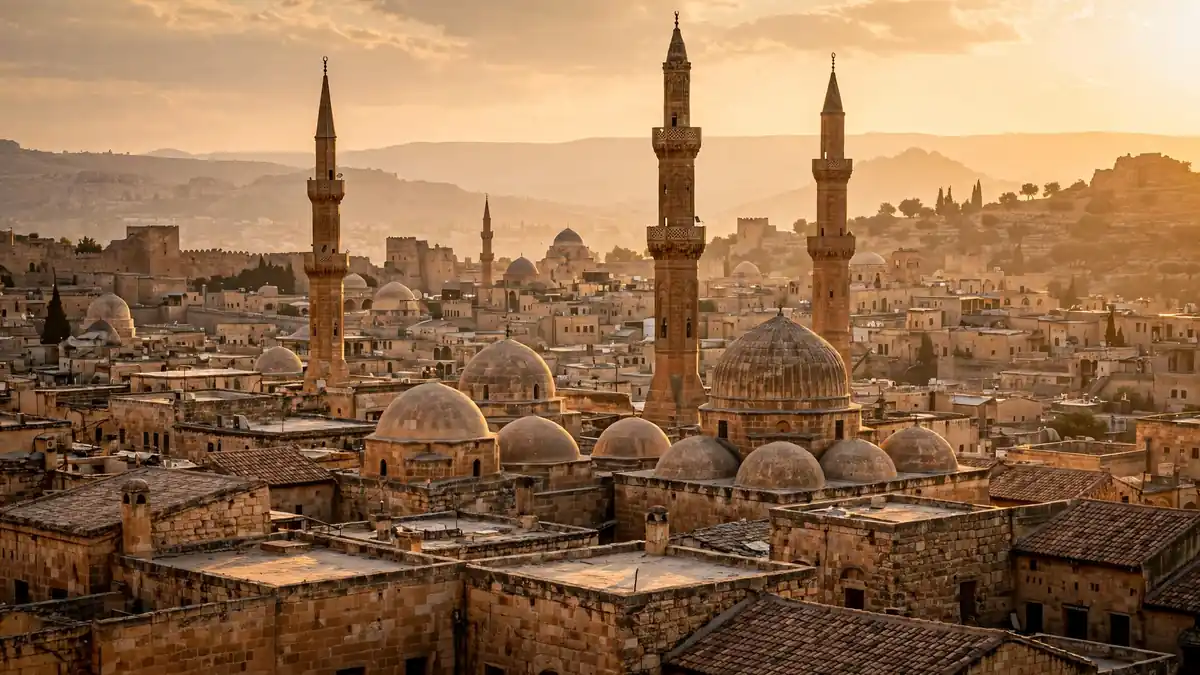 Ancient domes and minarets of an old Syrian city at golden hour, where the caliphate is foretold to settle