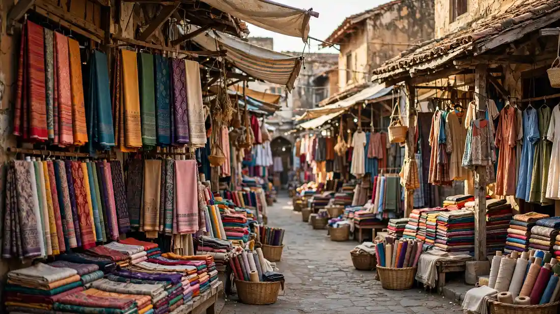 An old market street with bolts of cloth and garments hanging at stalls