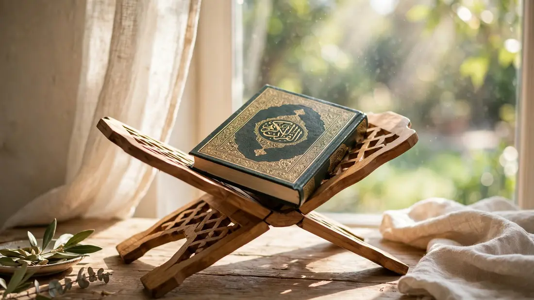 A closed Quran on a wooden stand by a sunlit window