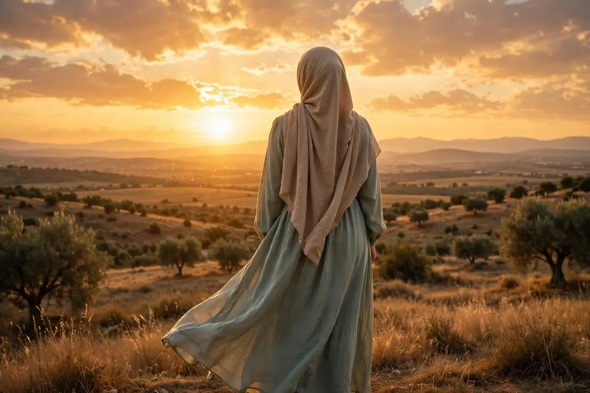 A woman in flowing modest dress and a headscarf seen from behind against a golden sunset