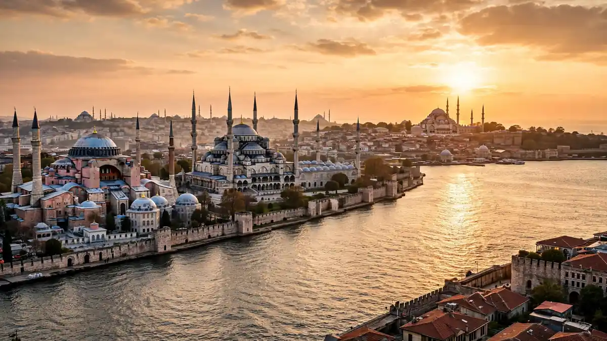 Panoramic view of Istanbul's ancient skyline with the sea and historic domes at golden hour