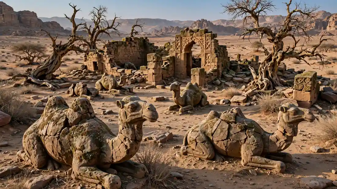 Carved stone camels and old trees around the ruins of an ancient Arabian shrine in the desert