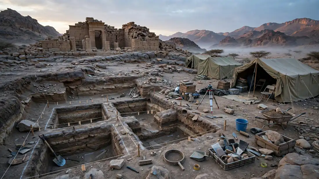 Archaeological excavation at an ancient temple site in Yemen: marked trenches, tents and equipment at dawn