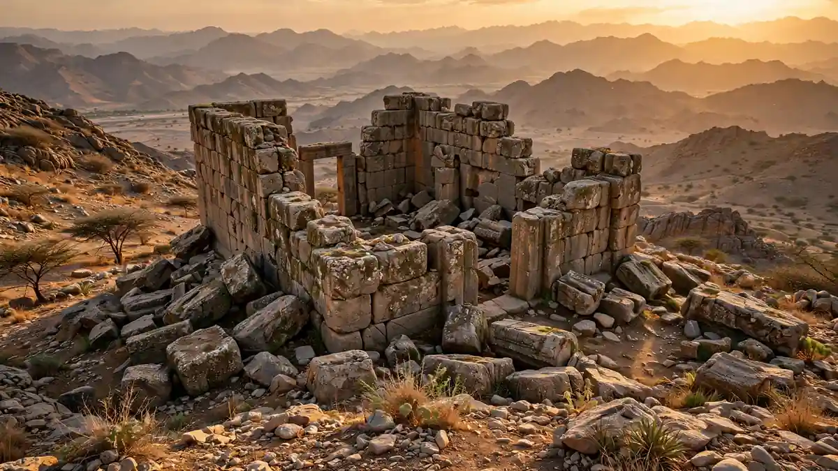 Ancient square stone temple ruins on a hill in Yemen at golden hour, massive weathered stone blocks, distant mountains