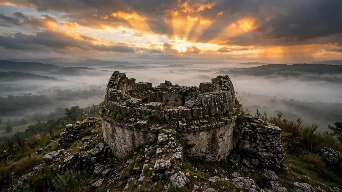 Ancient observatory ruins under a dramatic dawn sky