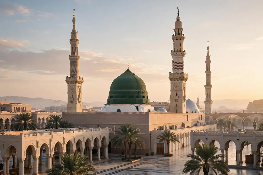 The Prophet's Mosque in Medina with its green dome and minarets at sunrise