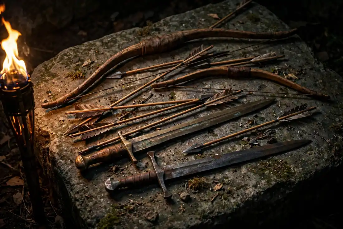 Ancient swords, arrows and bows laid on a weathered stone surface
