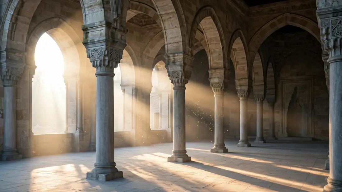 Morning light streaming through mosque arches onto an empty prayer hall floor