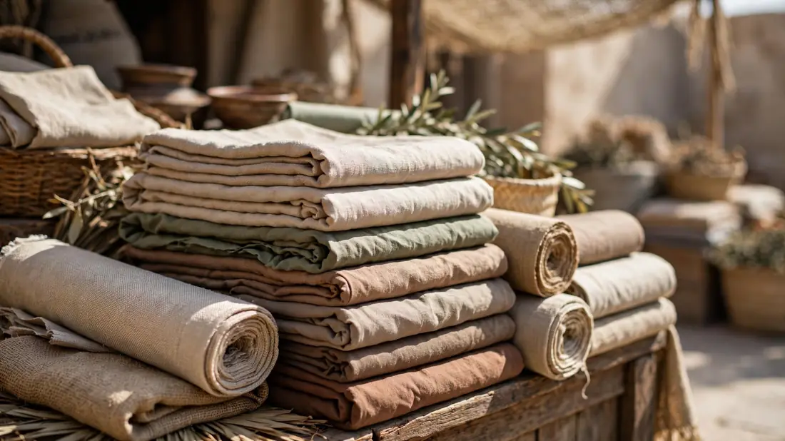 Folded fabrics in muted earthy colours at a traditional souk stall
