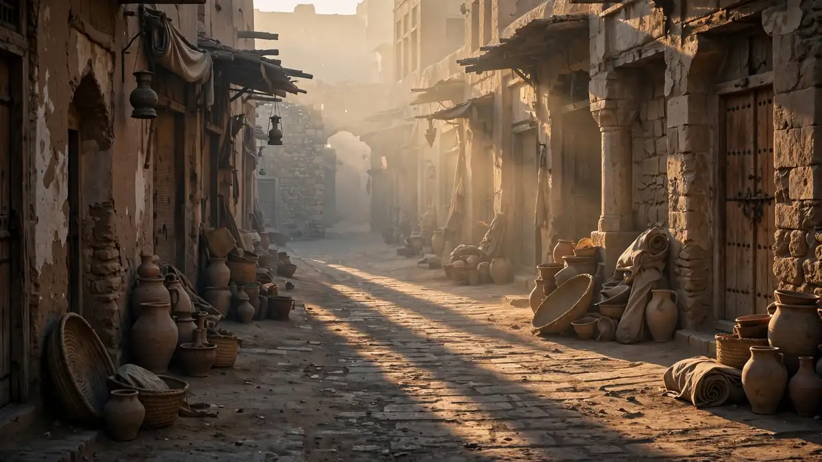 Ancient Middle-Eastern marketplace street at dawn, empty and quiet with long shadows