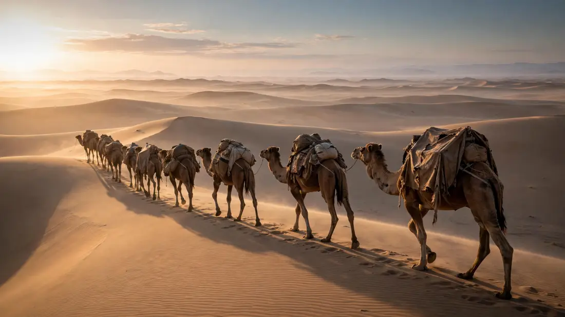 An ancient caravan of camels crossing desert dunes at dawn, recalling centuries of Arab trade with Hind