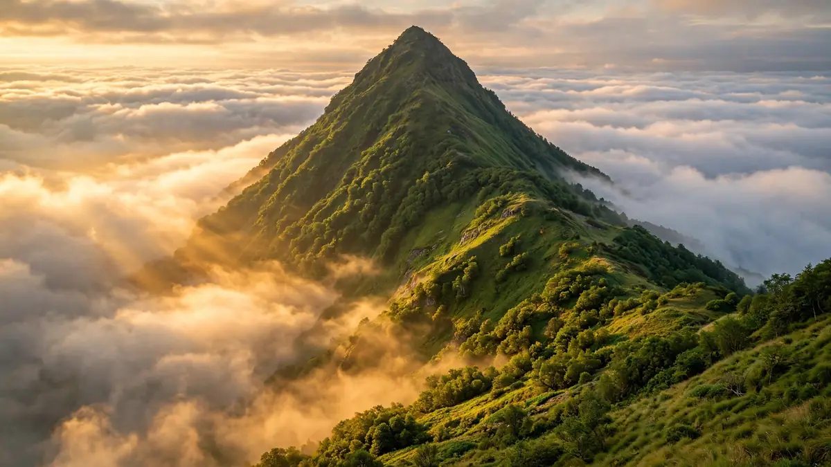 A tall mountain rising above a sea of clouds at sunrise, golden light breaking through the mist