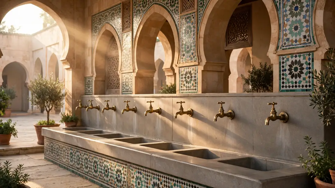 Mosque ablution area with taps and stone benches in morning light