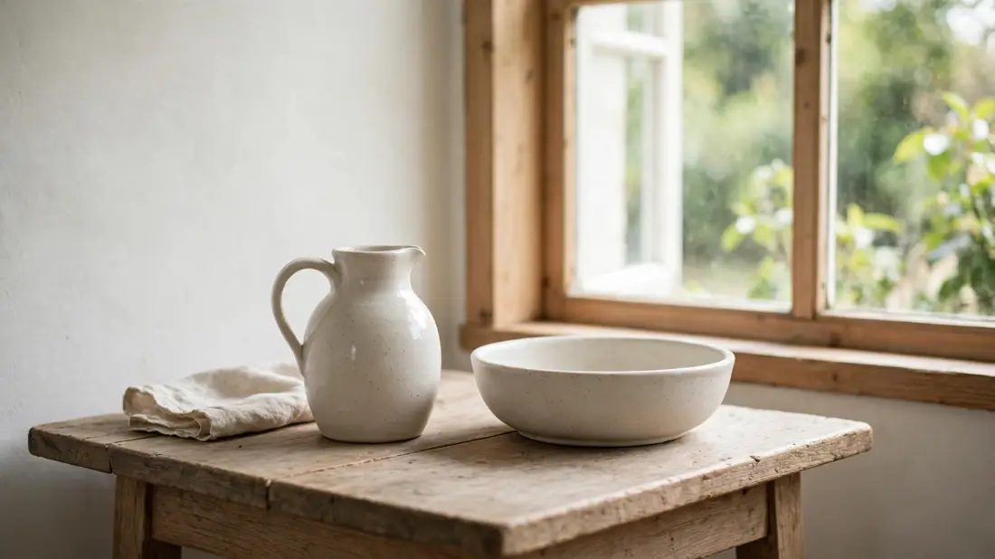 Water jug and basin on a wooden table by a window