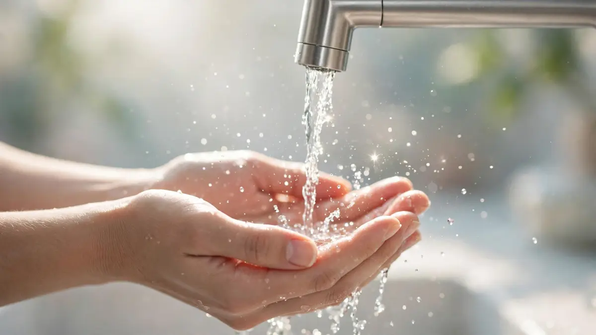 Hands under gently running water at a tap
