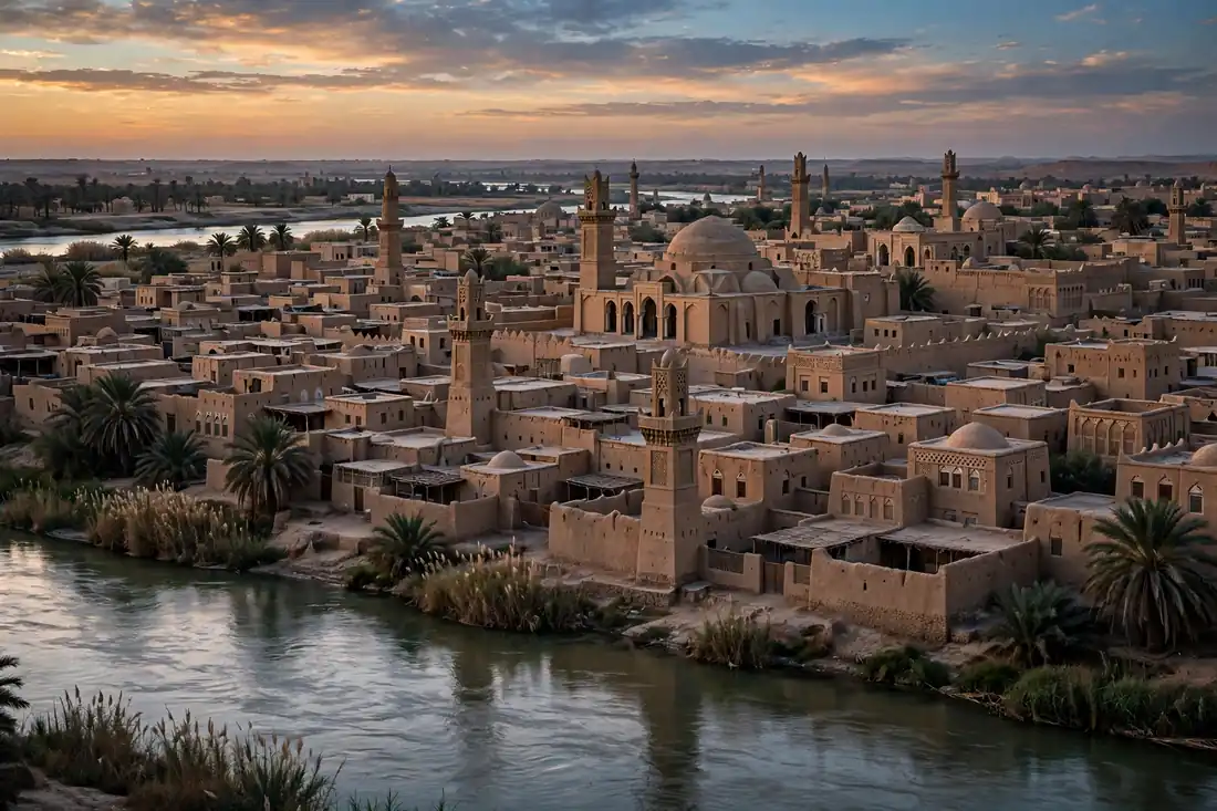 Old Abbasid-era city of Kufa: mudbrick houses, domes and minarets along a river at dusk