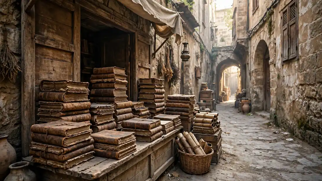 An old bookseller's stall with stacked ancient manuscripts in a narrow old Damascus alley in morning light