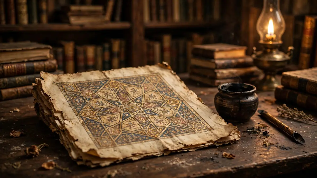 An ancient Arabic manuscript with aged paper on a dark wooden desk beside an ink pot and reed pen