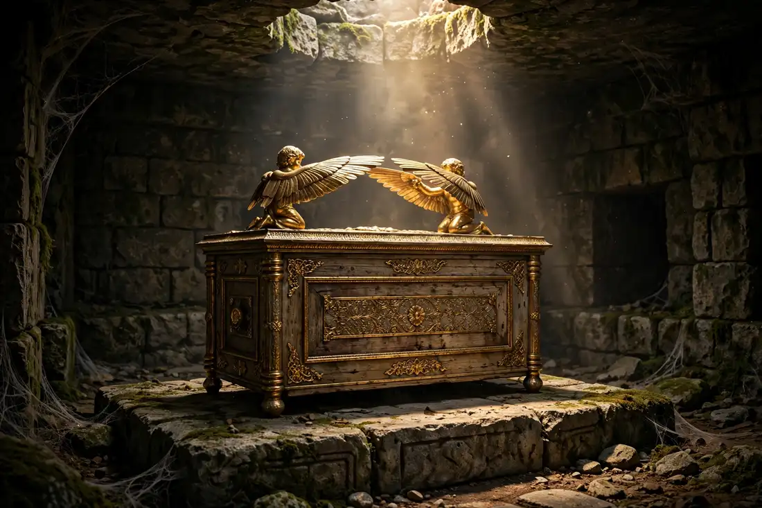 An ornate gilded ancient wooden chest, the Ark of the Covenant, resting on a stone altar