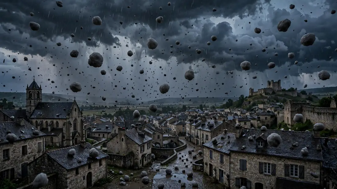 Huge hailstones falling from dark storm clouds over an old town