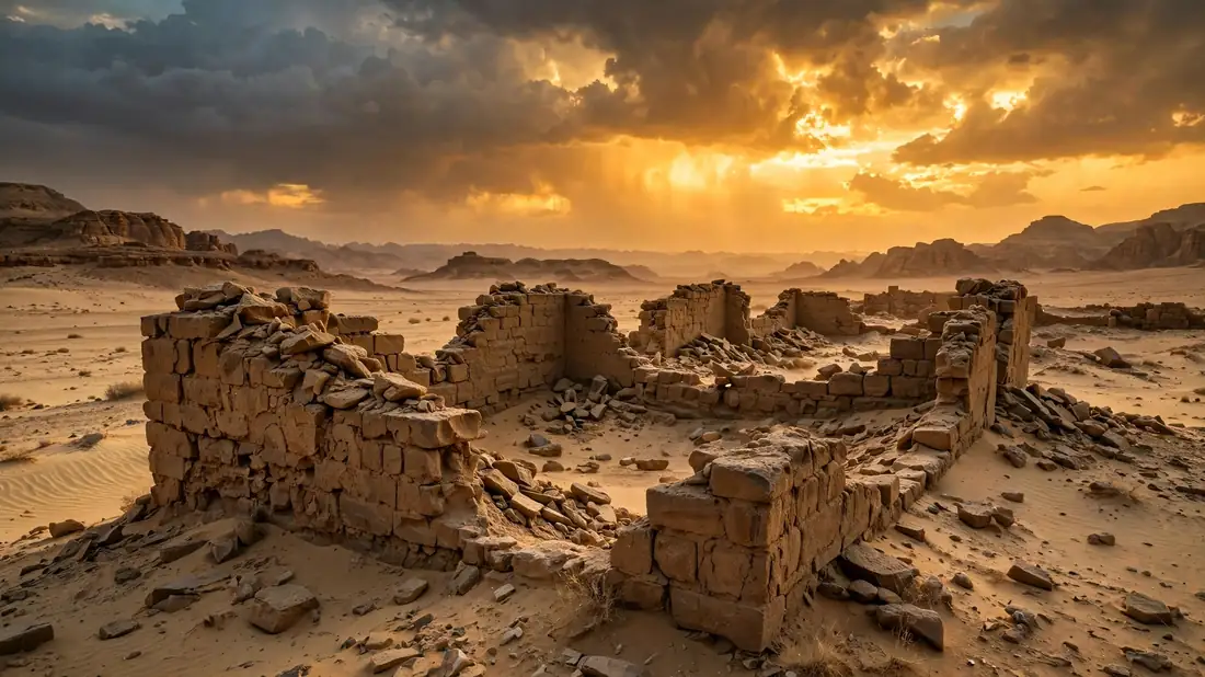 Ancient ruined stone walls in an empty desert at golden hour