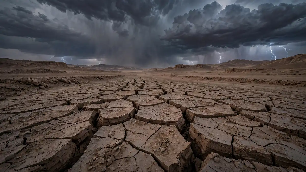 Vast cracked desert earth with deep fissures under dark storm clouds