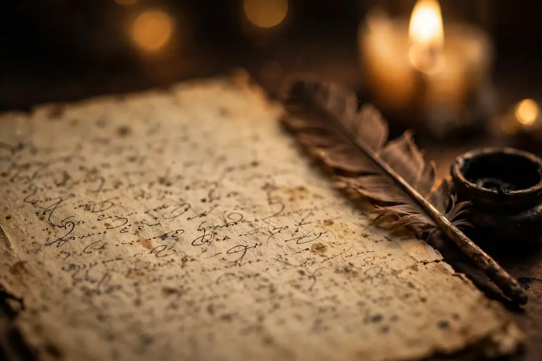 Close-up of an old handwritten manuscript page with a quill and inkwell