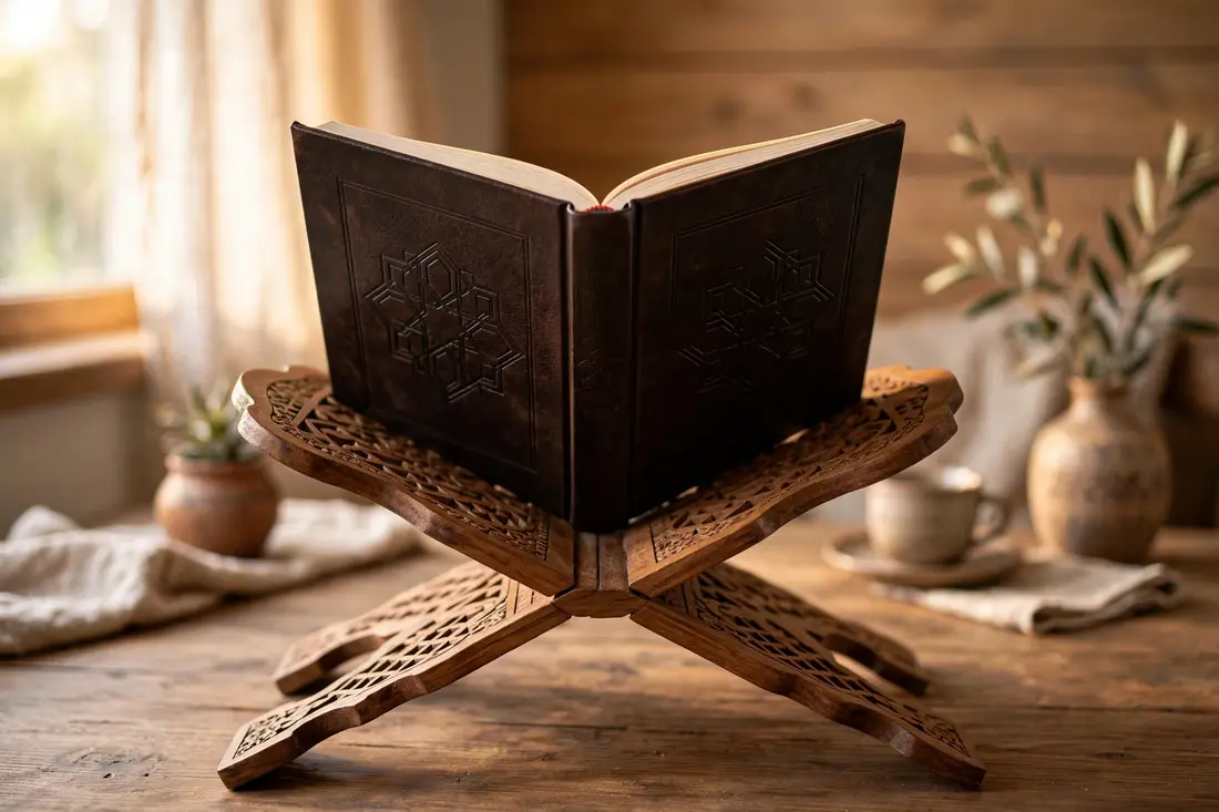 An open book on a wooden rehal photographed from behind in soft window light