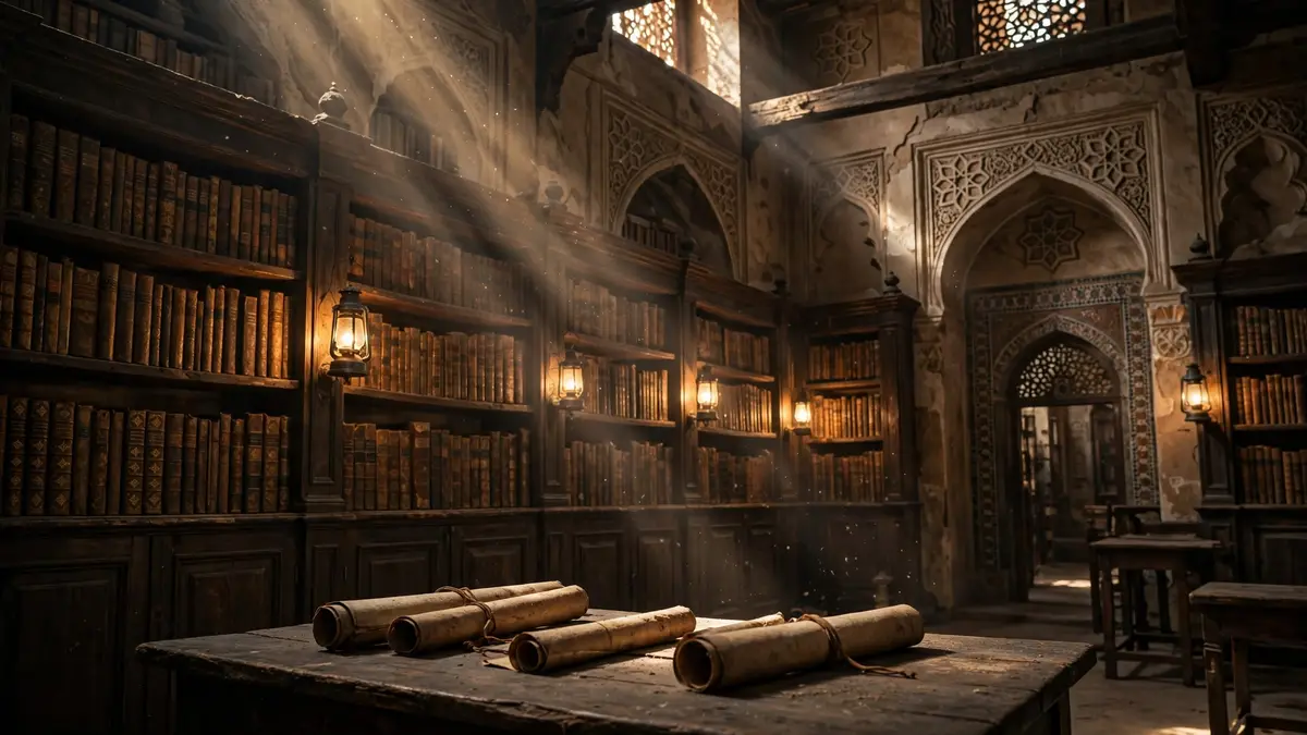 An old mosque library with rows of ancient manuscripts under warm lamplight