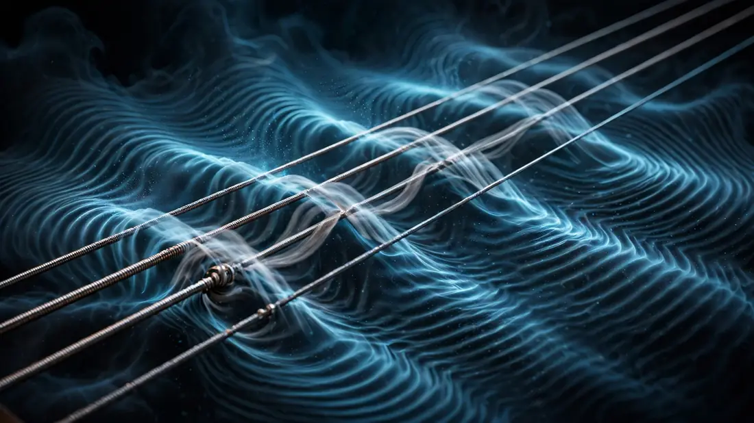 Vibrating guitar strings with ripples of sound spreading through dark air