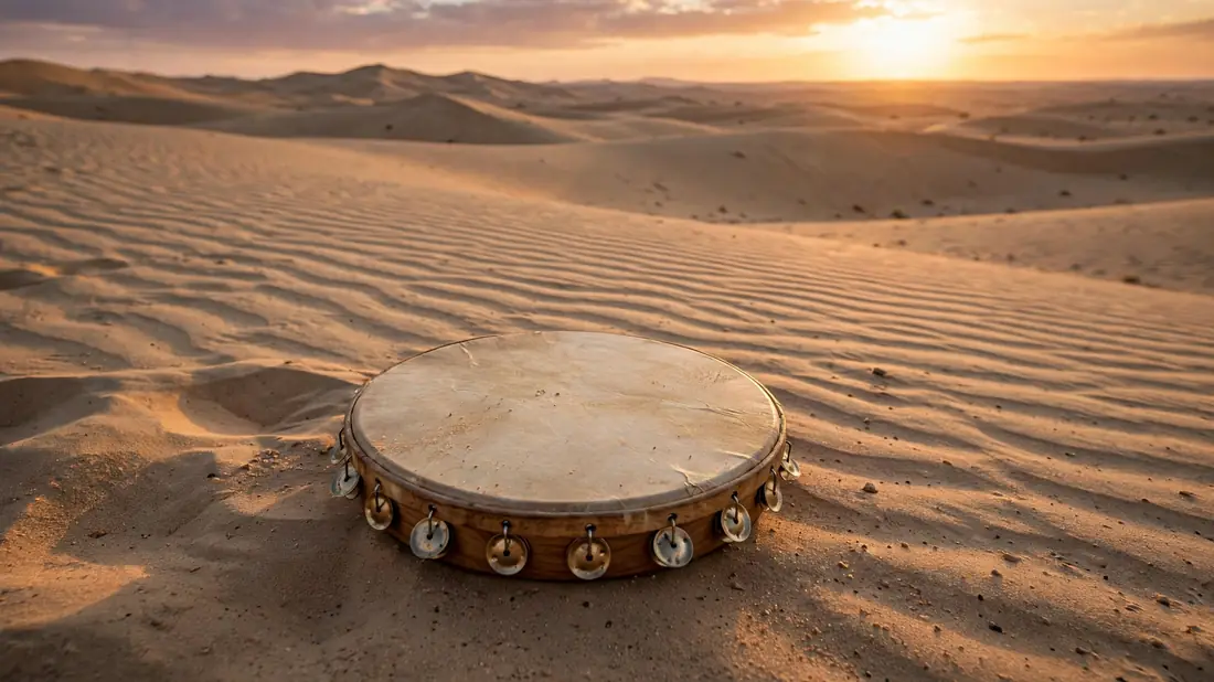 A simple frame drum resting on rippled sand dunes at sunset