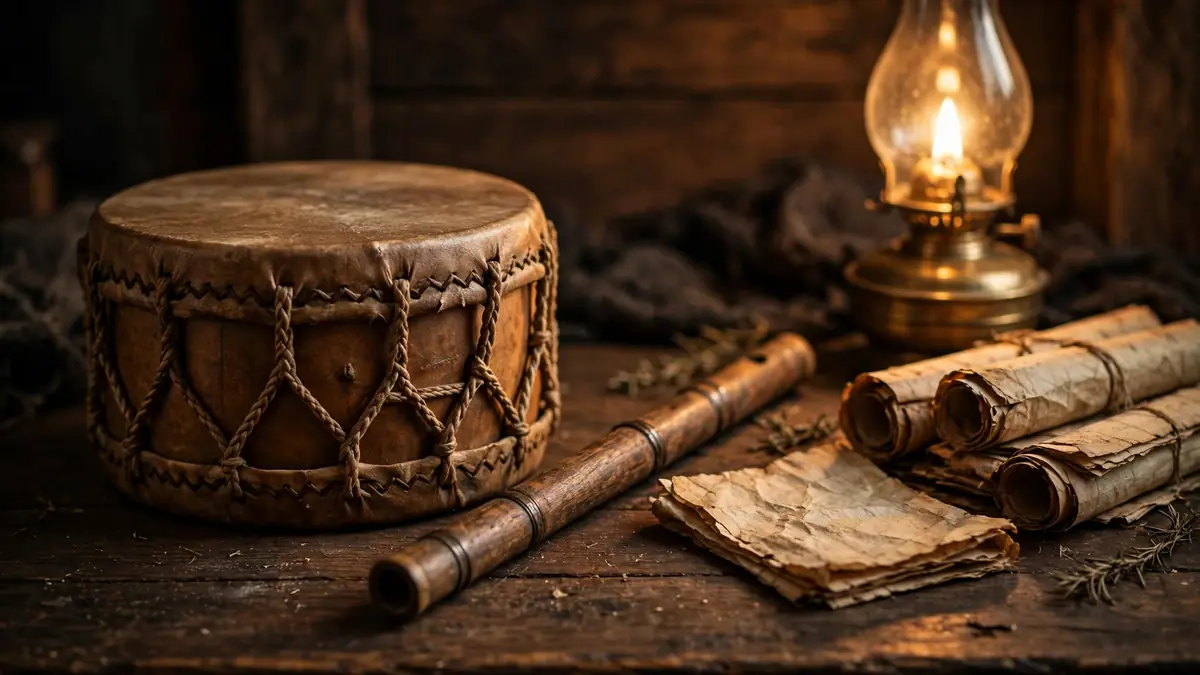 Traditional hand drum and old wooden flute on a dark wooden table in warm lamplight