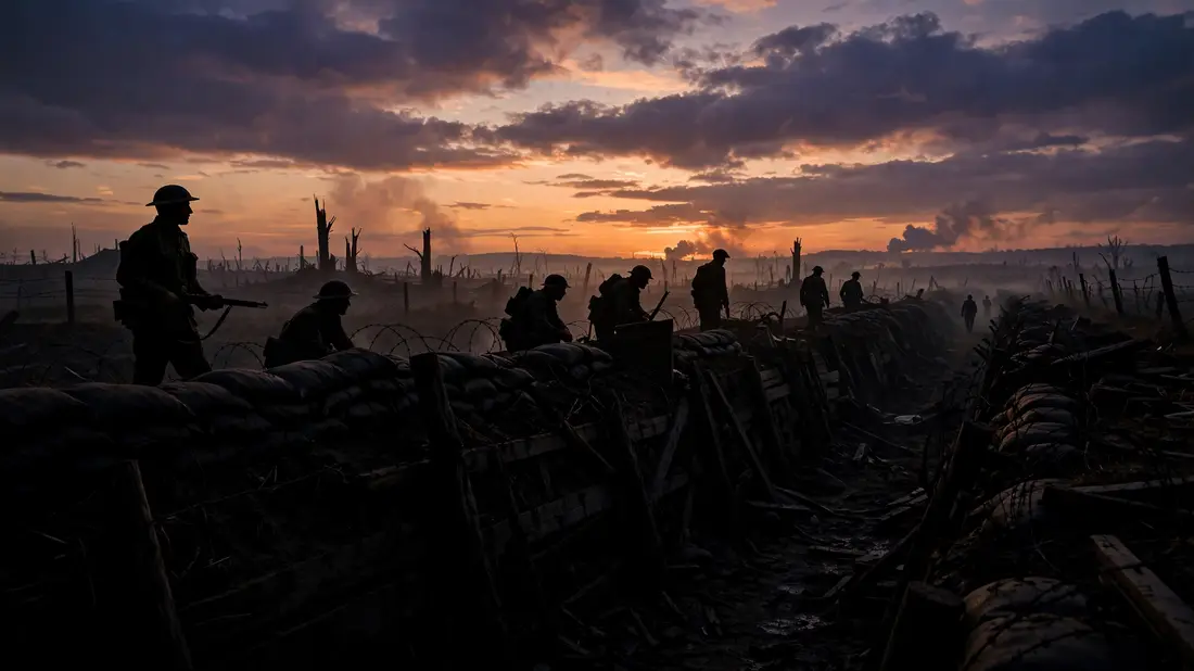 Silhouettes of soldiers in a First World War trench at dusk