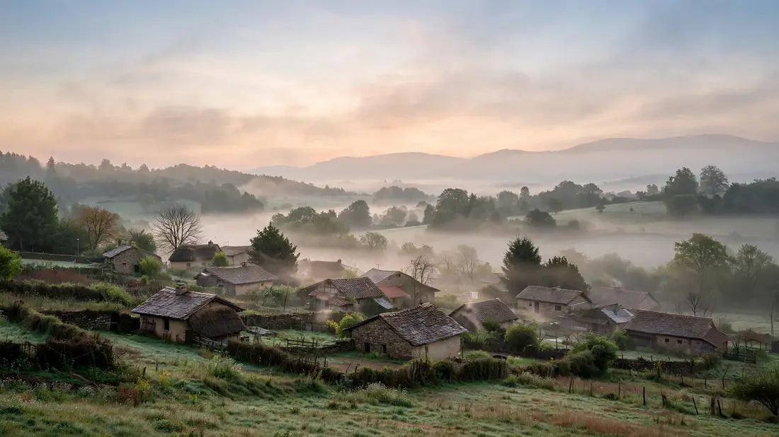A quiet village of homes under a soft dawn sky