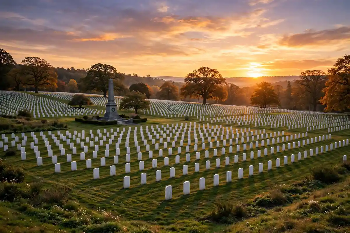 A war memorial cemetery with rows of white headstones at sunset