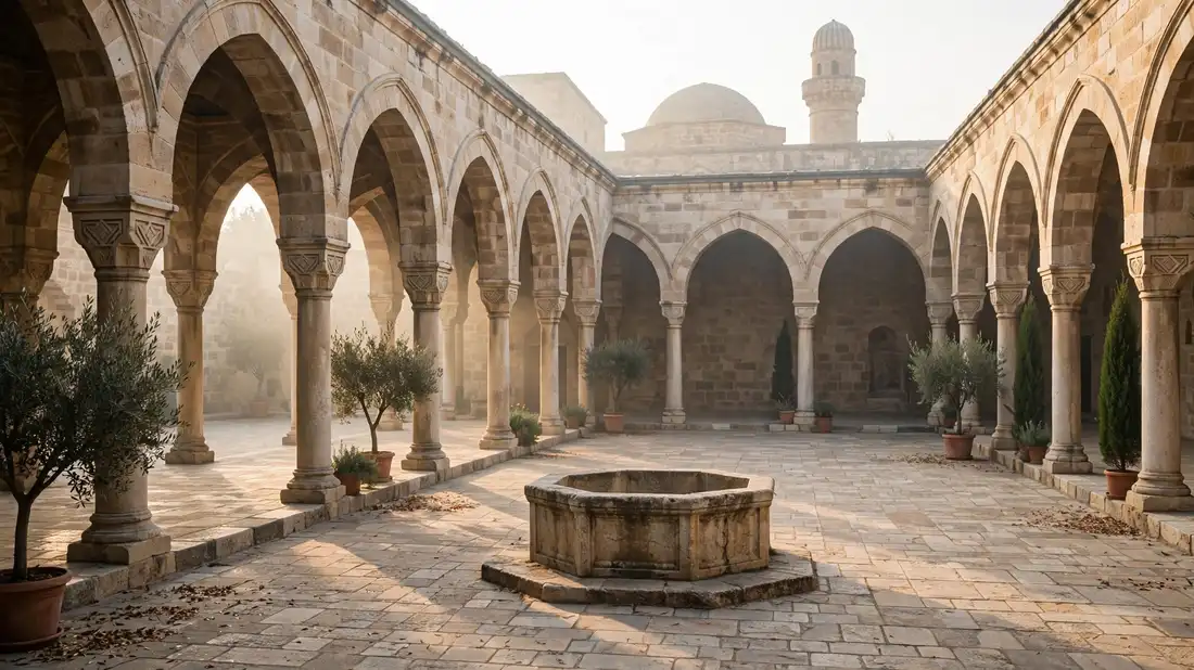 An empty mosque courtyard with stone arches in soft morning light