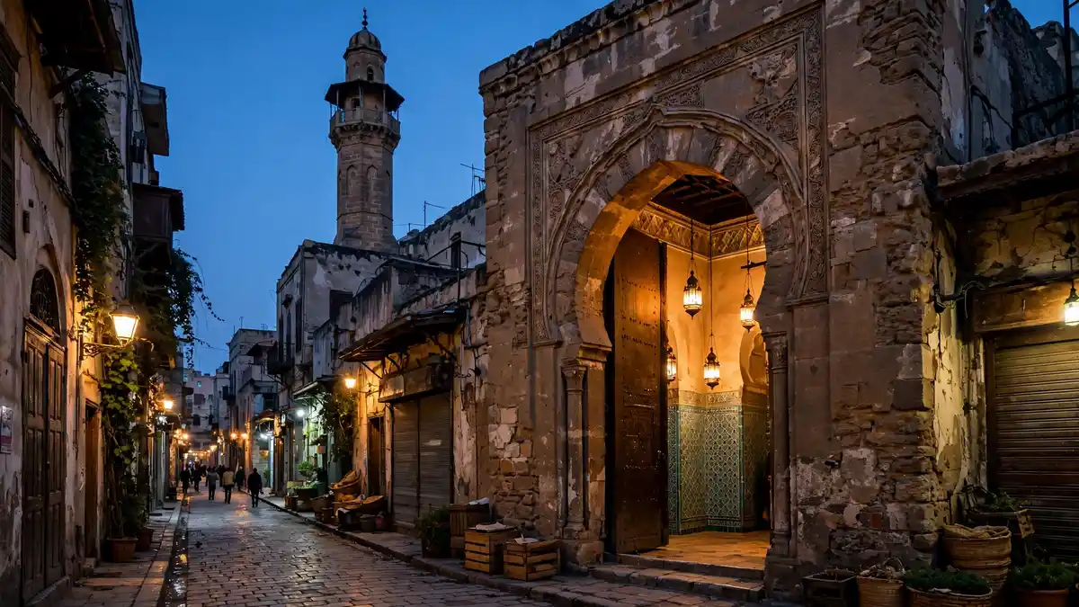 An old mosque on a busy street at dusk, its arched doorway open as passers-by walk past without entering