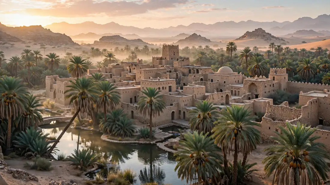 An empty desert caravan road stretching toward distant mountains at dawn